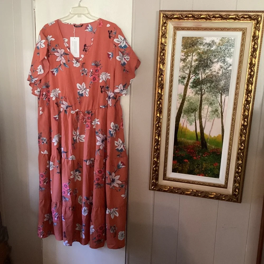 BloomChic Dark Peach Floral Tulip Sleeve Elastic Waist V~Neck Dress 28 - Picture 1 of 6